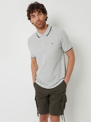Threadbare Grey Herringbone Tipping Cotton Pique Polo Shirt - Image 1 of 4