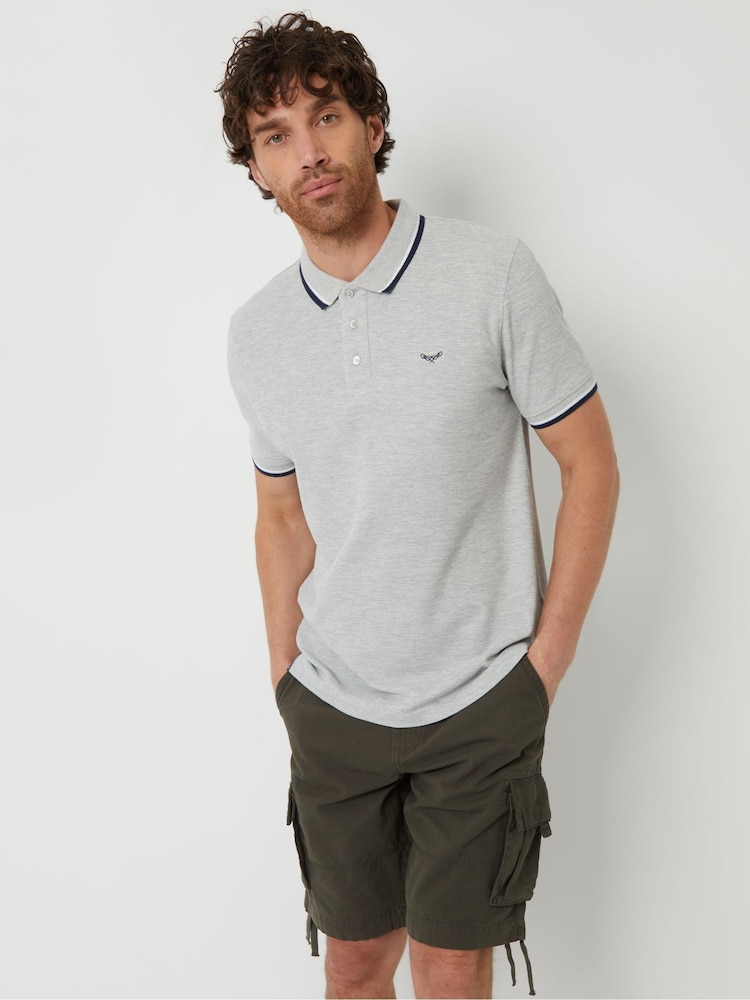 Threadbare Grey Herringbone Tipping Cotton Pique Polo Shirt - Image 1 of 4