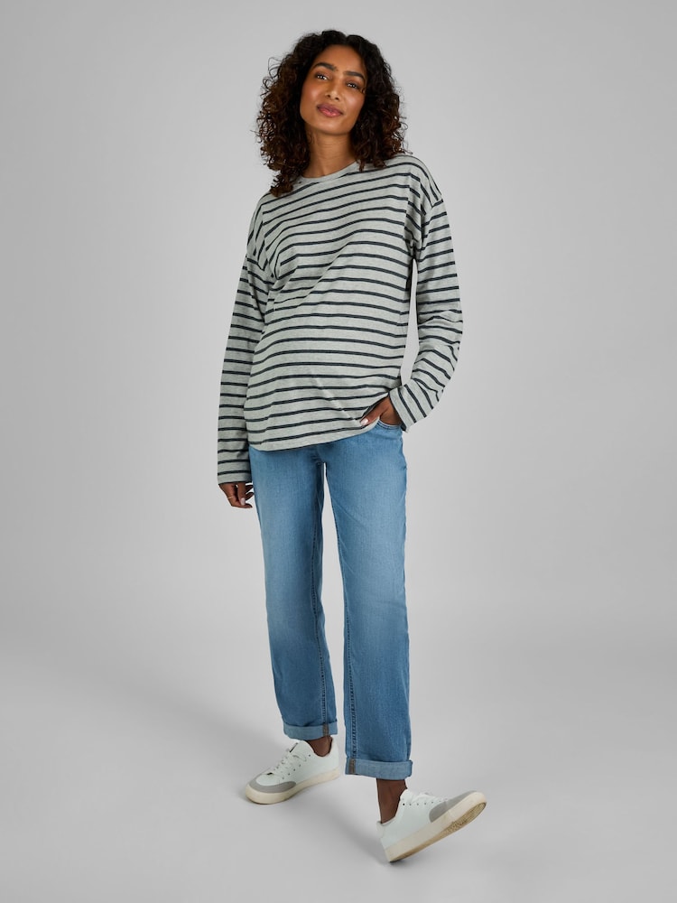JoJo Maman Bébé Grey Stripe Long Sleeve Boyfriend Maternity T-Shirt - Image 3 of 4