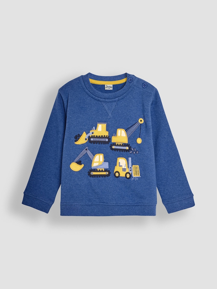 JoJo Maman Bébé Cobalt Blue Construction Vehicle Appliqué Sweatshirt - Image 1 of 3