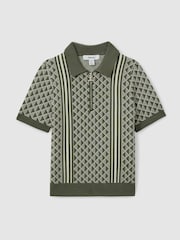 Reiss Sage/Off White Sanderson 3-9 yrs Diamond Stitch Half-Zip Polo Shirt - Image 2 of 4