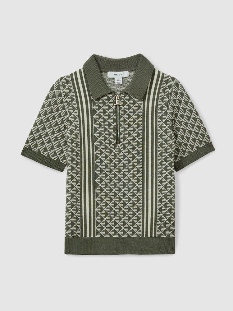 Reiss Sage/Off White Sanderson 3-9 yrs Diamond Stitch Half-Zip Polo Shirt - Image 2 of 4