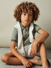 Reiss Sage/Off White Sanderson 3-9 yrs Diamond Stitch Half-Zip Polo Shirt - Image 3 of 4