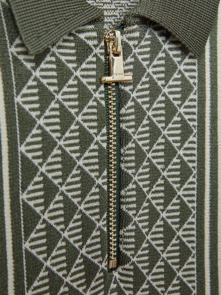 Reiss Sage/Off White Sanderson 3-9 yrs Diamond Stitch Half-Zip Polo Shirt - Image 4 of 4