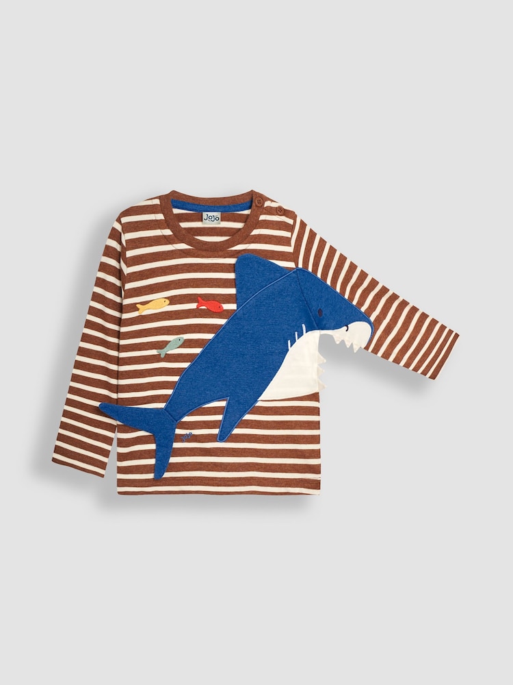 JoJo Maman Bébé Toffee Brown Snapping Shark Novelty Appliqué Top - Image 1 of 3