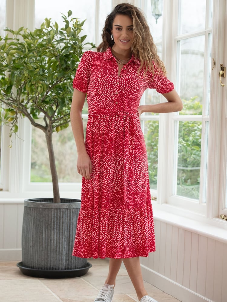 Pour Moi Red Jodie Fuller Bust Slinky Jersey Tiered Midi Shirt Dress - Image 1 of 6