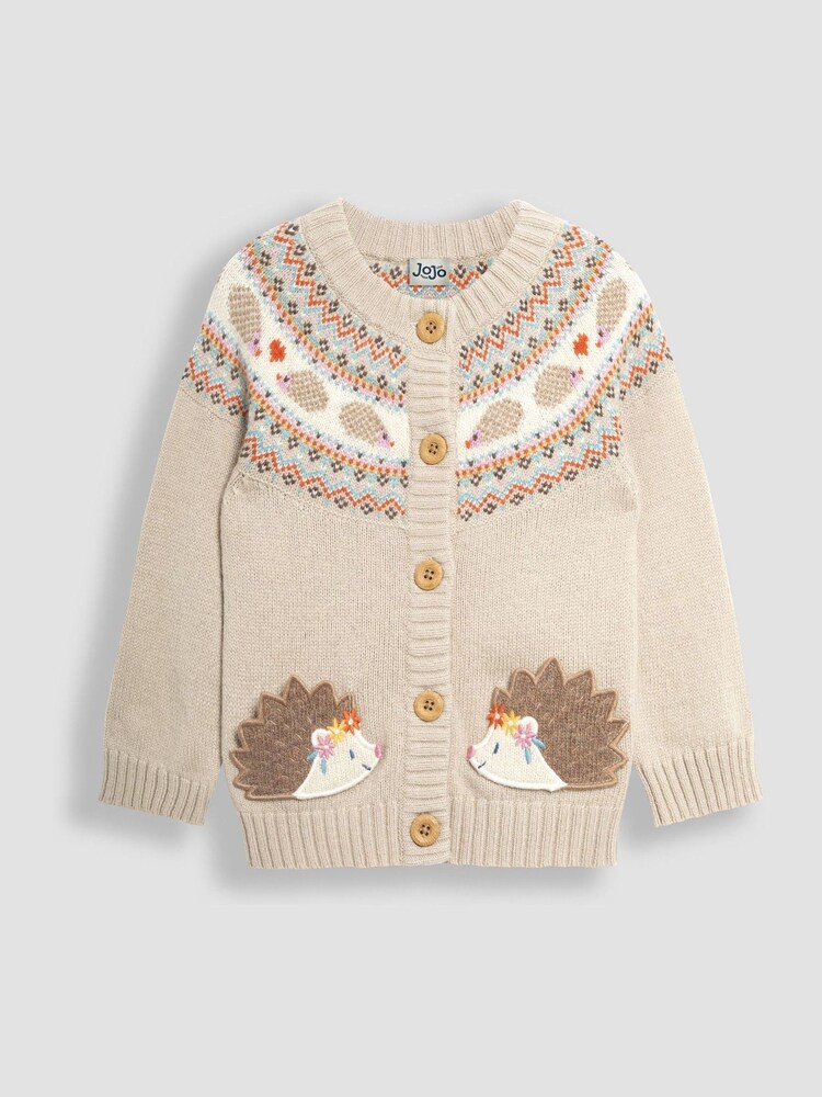 JoJo Maman Bébé Natural Hedgehog Knit Fairisle Pattern Cardigan - Image 1 of 3