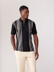 Black/White Vertical Stripe Quarter Zip Polo Shirt - Image 1 of 8