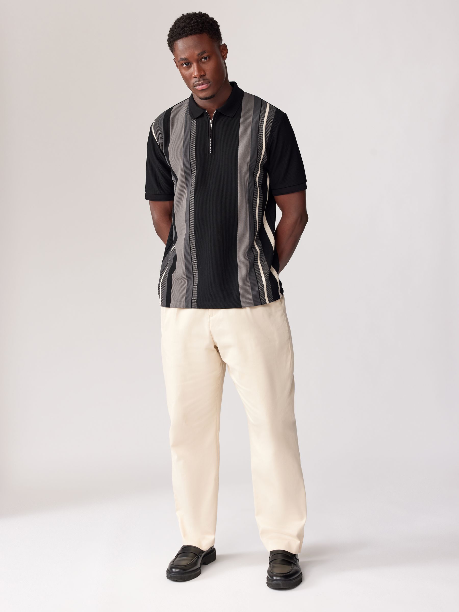 Buy Black/White Vertical Stripe Quarter Zip Polo Shirt from