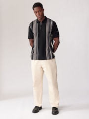 Black/White Vertical Stripe Quarter Zip Polo Shirt - Image 3 of 8