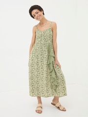 FatFace Lucia Green Damask Floral Linen Blend Midi Dress - Image 1 of 6