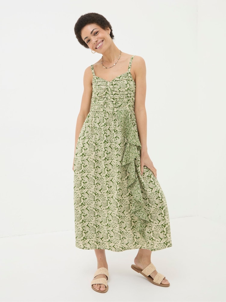 FatFace Lucia Green Damask Floral Linen Blend Midi Dress - Image 1 of 6