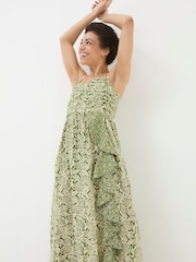 FatFace Lucia Green Damask Floral Linen Blend Midi Dress - Image 5 of 6