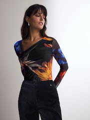 Blue Abstract Print Asymmetric Mesh Bodysuit - Image 1 of 8