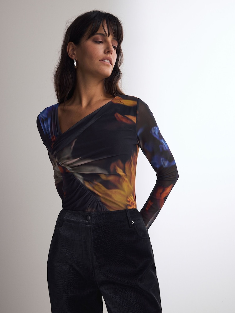 Blue Abstract Print Asymmetric Mesh Bodysuit - Image 1 of 8