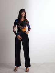 Blue Abstract Print Asymmetric Mesh Bodysuit - Image 2 of 8
