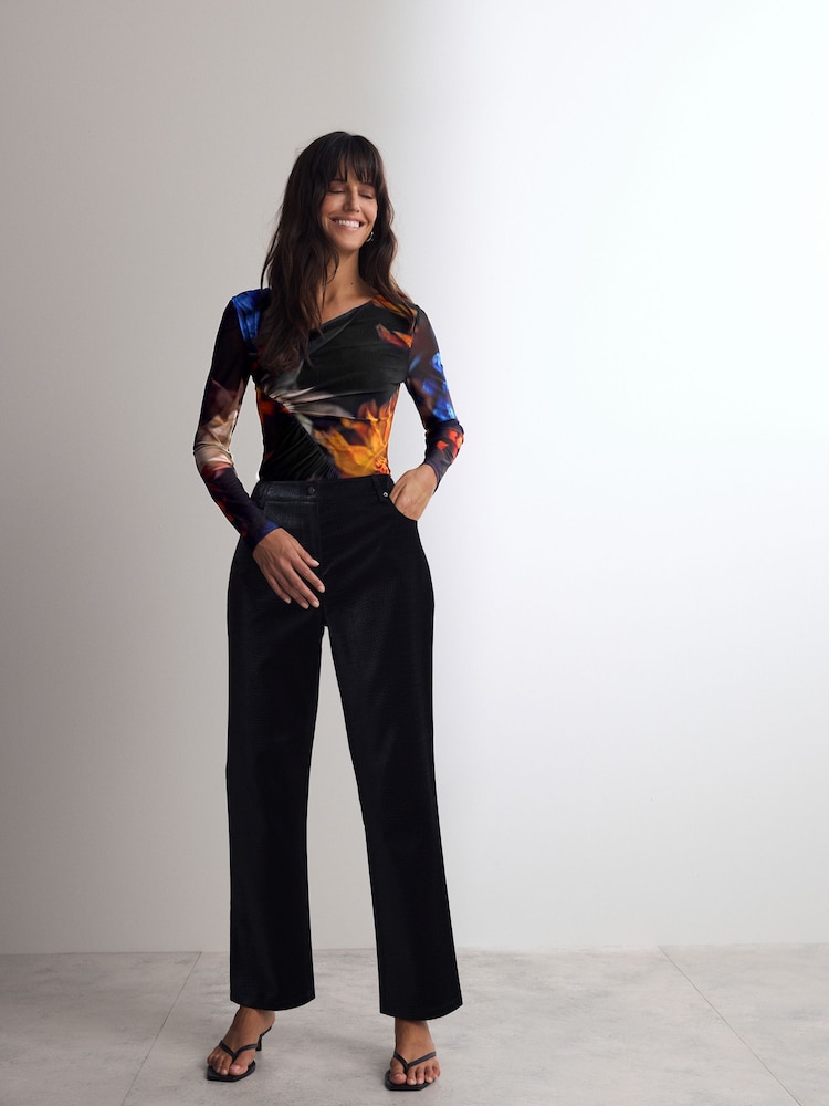 Blue Abstract Print Asymmetric Mesh Bodysuit - Image 2 of 8