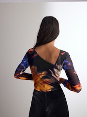 Blue Abstract Print Asymmetric Mesh Bodysuit - Image 3 of 8