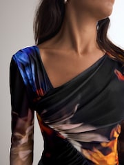 Blue Abstract Print Asymmetric Mesh Bodysuit - Image 5 of 8