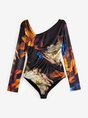 Blue Abstract Print Asymmetric Mesh Bodysuit - Image 6 of 8