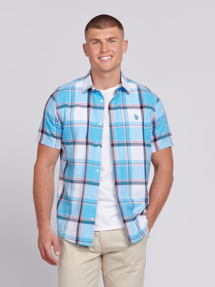 U.S. Polo Assn. Blue Mens Short Sleeve 100% Cotton Check Shirt - Image 1 of 8