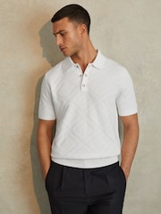 Reiss Optic White Lupton Cotton Textured Press-Stud Polo Shirt - Image 1 of 6