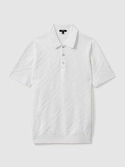 Reiss Optic White Lupton Cotton Textured Press-Stud Polo Shirt - Image 2 of 6