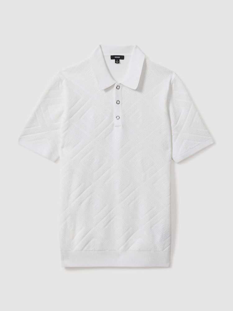 Reiss Optic White Lupton Cotton Textured Press-Stud Polo Shirt - Image 2 of 6