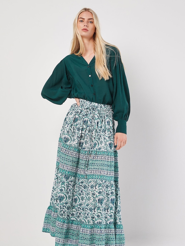 Apricot Cream Floral Vine 100% Cotton Tiered Maxi Skirt - Image 1 of 5
