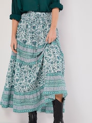 Apricot Cream Floral Vine 100% Cotton Tiered Maxi Skirt - Image 2 of 5