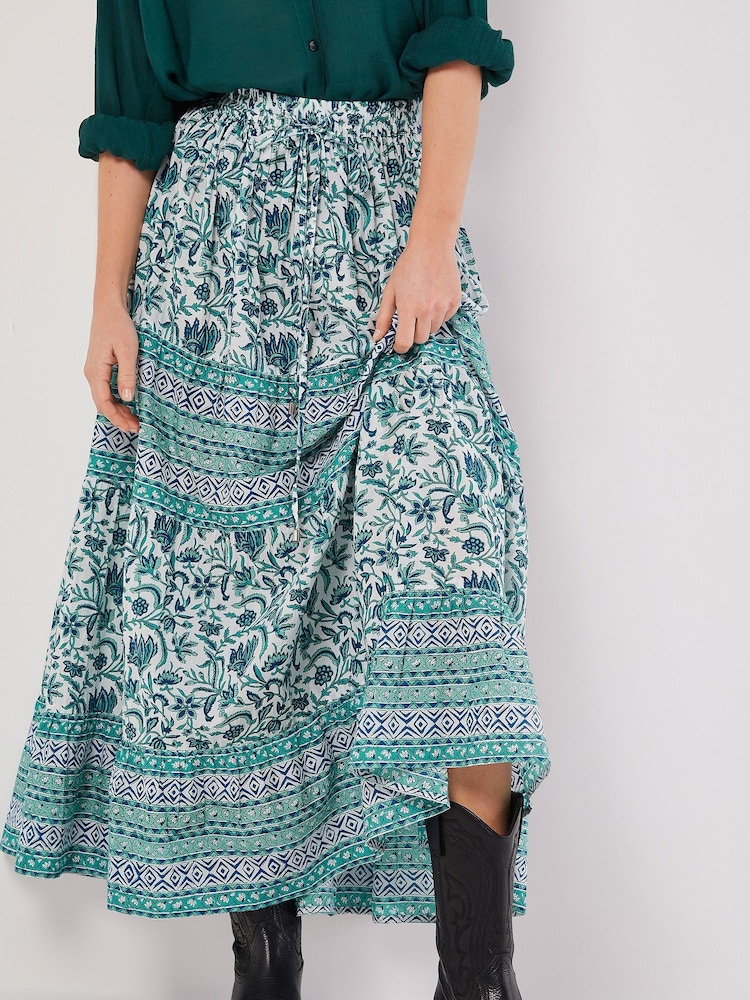 Apricot Cream Floral Vine 100% Cotton Tiered Maxi Skirt - Image 2 of 5