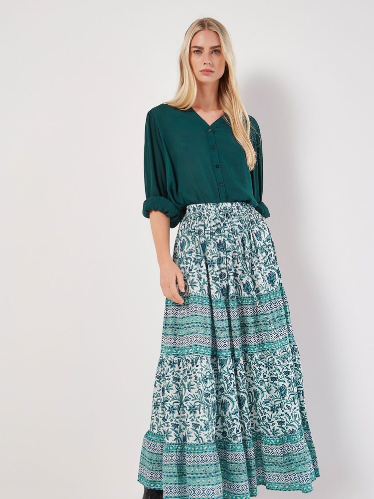 Apricot Cream Floral Vine 100% Cotton Tiered Maxi Skirt - Image 5 of 5