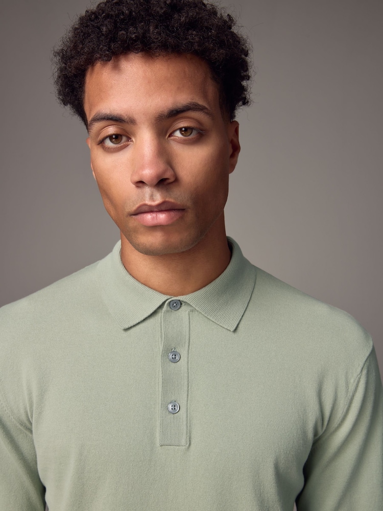 Light Green Regular Fit Knitted Long Sleeve Polo Shirt - Image 3 of 7