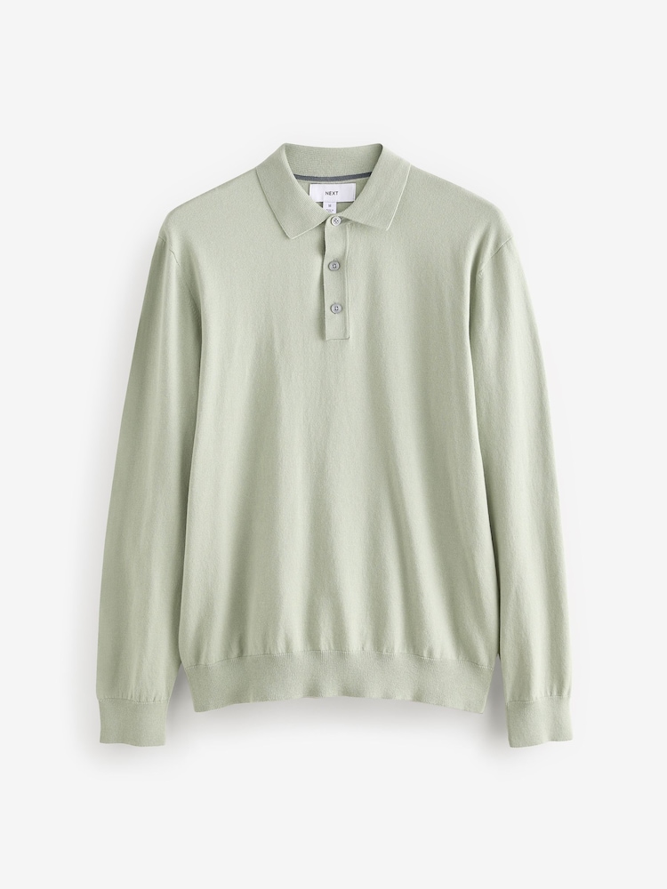 Light Green Regular Fit Knitted Long Sleeve Polo Shirt - Image 5 of 7