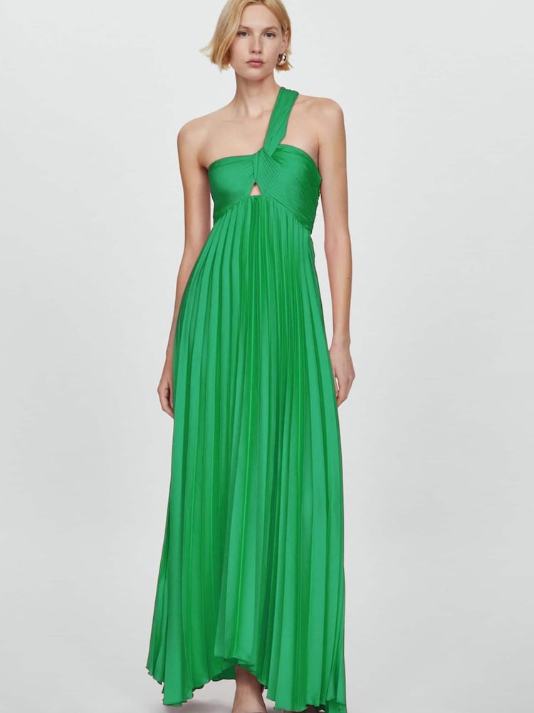 Mango Green Asymmetrical Pleated Dress - Image 1 of 7 Mango Green Asymmetrical Pleated Dress - Image 1 of 7