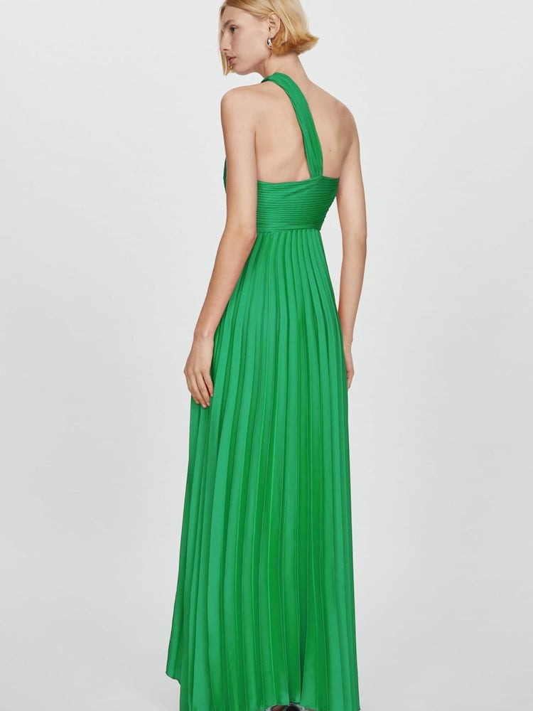 Mango Green Asymmetrical Pleated Dress - Image 2 of 7 Mango Green Asymmetrical Pleated Dress - Image 2 of 7