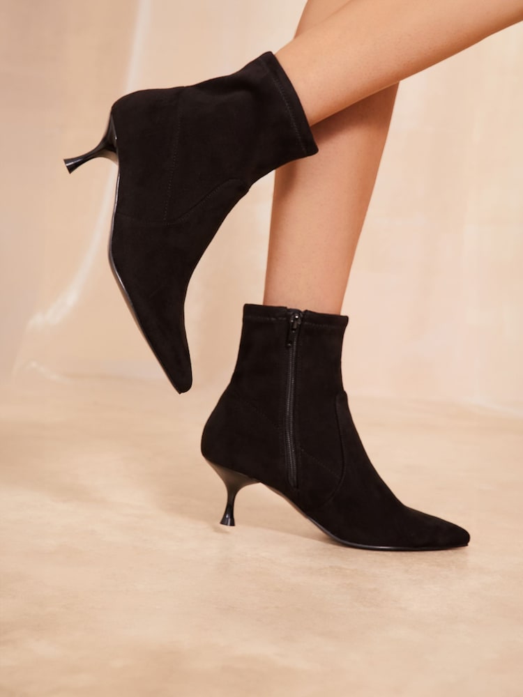 Friends Like These Black Wide Fit Pointed Toe Stiletto Kitten Heel Ankle Sock Party Boot - Image 1 of 4