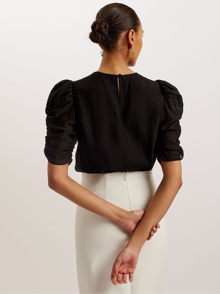 Ted Baker Black Sachiko Pleated Puff Sleeve Top - Image 2 of 5