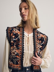 Black Sleeveless Pattern Graphic Knitted Waistcoat - Image 1 of 8