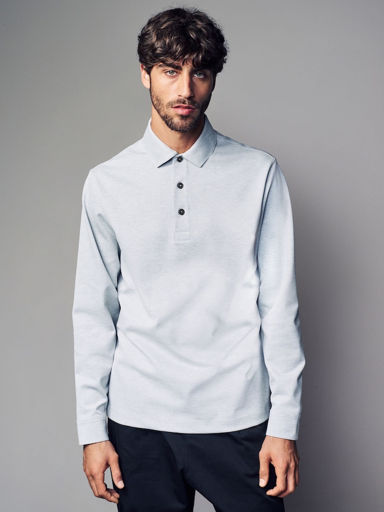Grey Long Sleeve Smart Button Neck Polo Shirt - Image 1 of 8