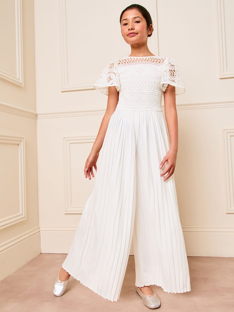 Lipsy White Flutter Sleeve Lace Occasion Jumpsuit (5-16yrs) - Image 1 of 4
