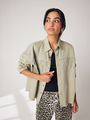 Beige Fringe Embellished Denim 100% Cotton Shirt - Image 1 of 8