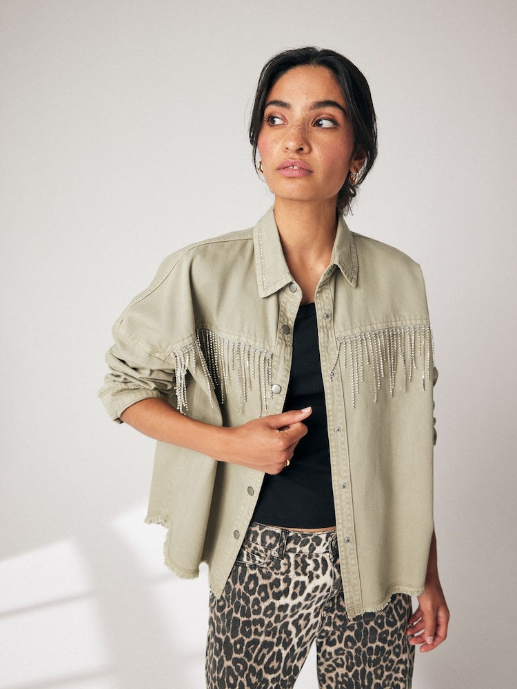 Beige Fringe Embellished Denim 100% Cotton Shirt - Image 1 of 8