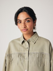 Beige Fringe Embellished Denim 100% Cotton Shirt - Image 4 of 8