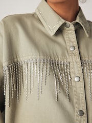 Beige Fringe Embellished Denim 100% Cotton Shirt - Image 5 of 8