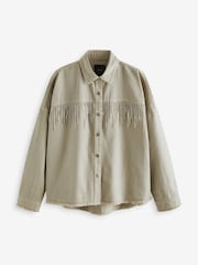 Beige Fringe Embellished Denim 100% Cotton Shirt - Image 7 of 8