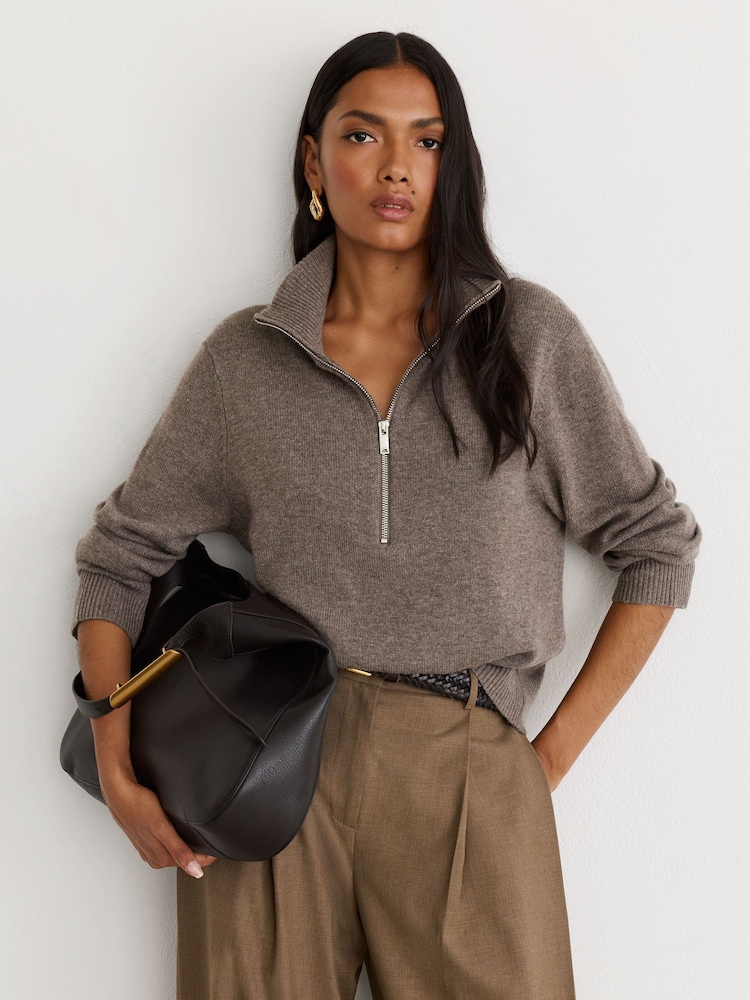 Reiss Dark Neutral Saffron Wool-Cashmere Half-Zip Jumper - Image 1 of 6 Reiss Dark Neutral Saffron Wool-Cashmere Half-Zip Jumper - Image 1 of 6