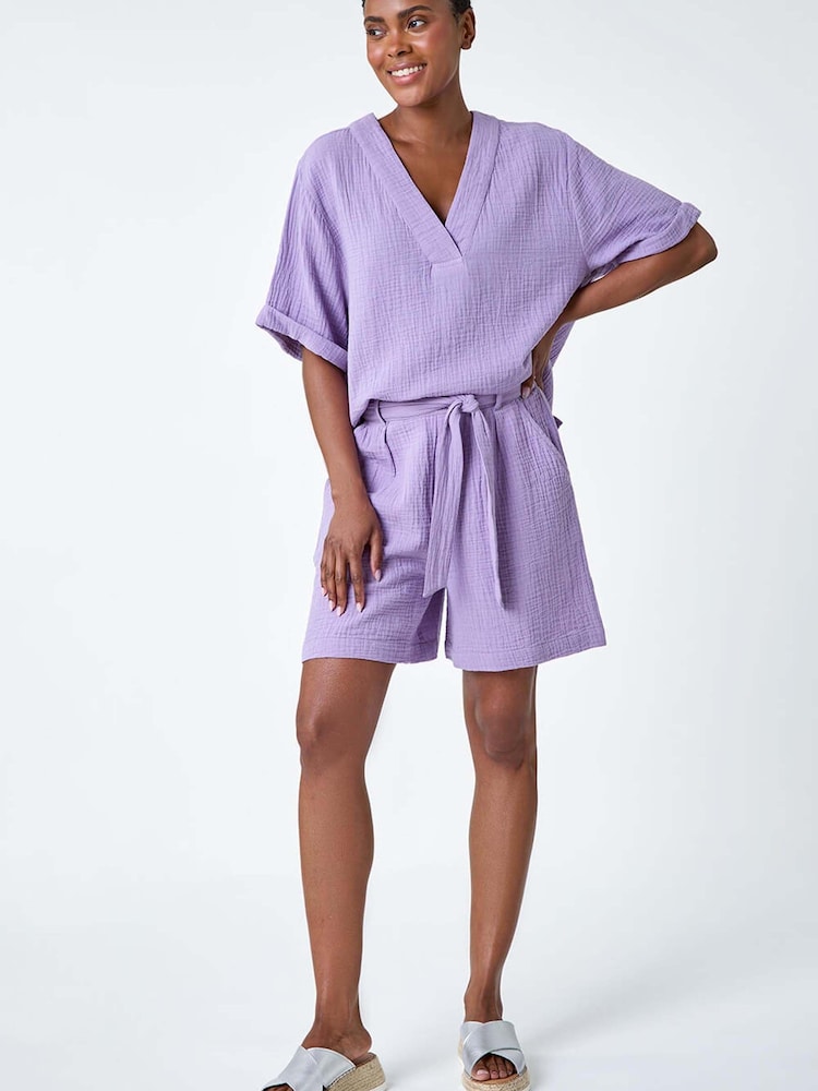 Roman Purple Textured Tie Waist 100% Cotton Shorts - Image 2 of 5