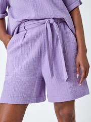 Roman Purple Textured Tie Waist 100% Cotton Shorts - Image 5 of 5