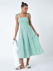 Roman Green 100% Cotton Shirred Tie Detail Tiered Midi Dress - Image 1 of 5